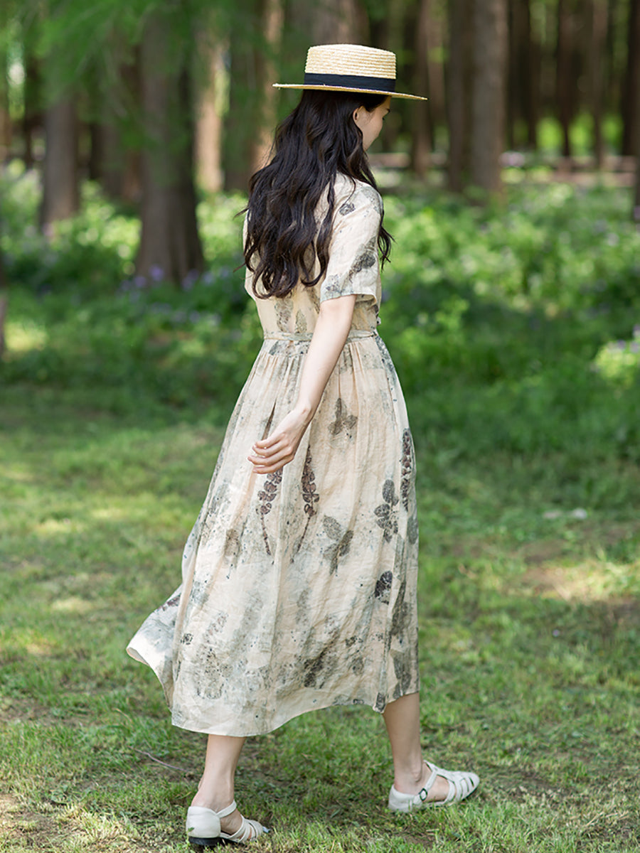 Robe en ramie à cordon de serrage et imprimé à l'encre pour femme