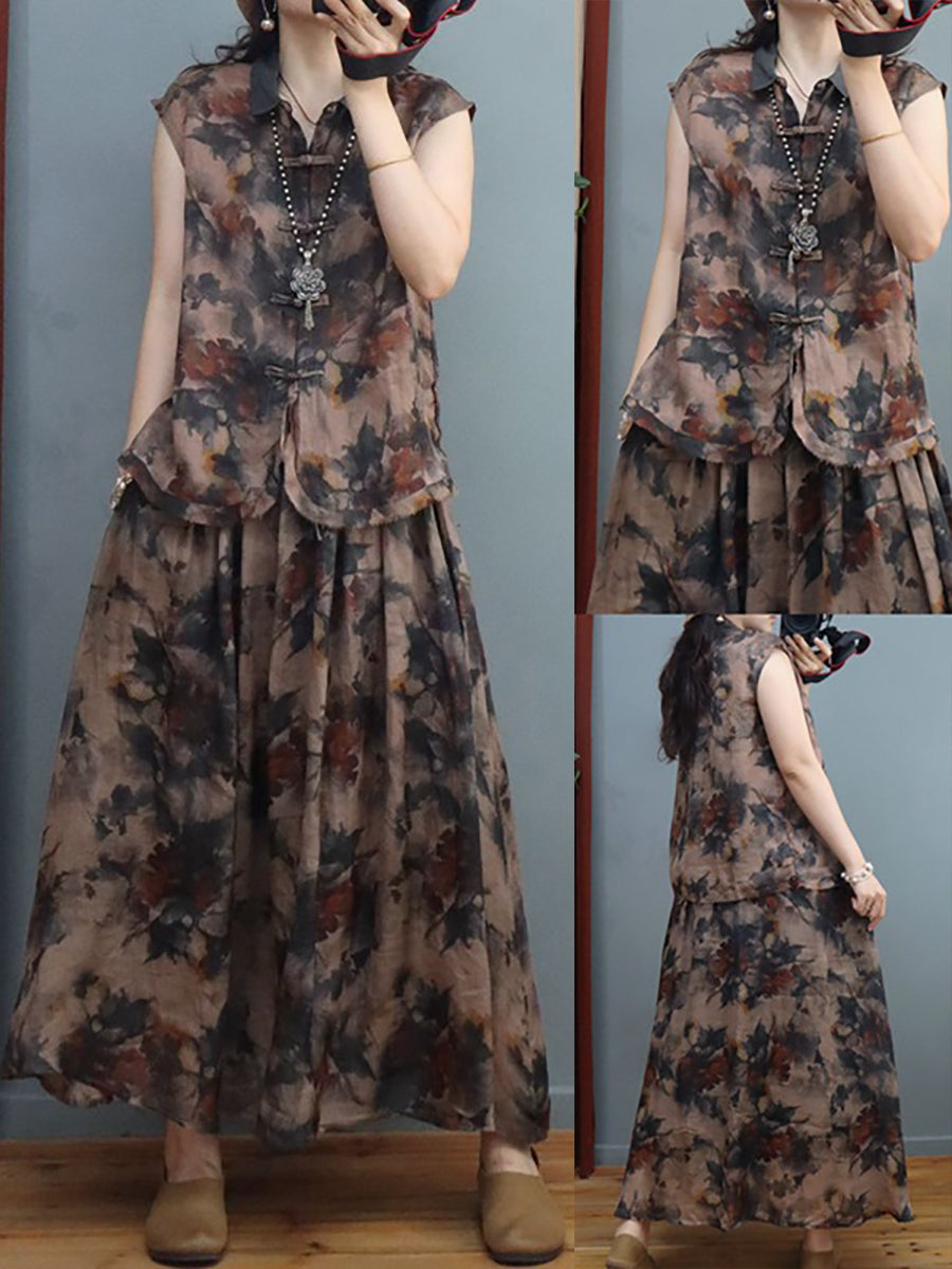 Chemise/jupe d'été en lin à imprimé grenouille et fleurs de style chinois pour femmes