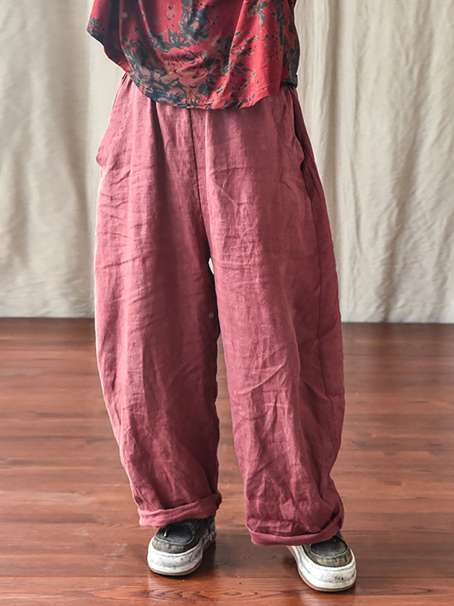 Pantalon en lin décontracté pour femme, couleur unie, ample, taille élastique