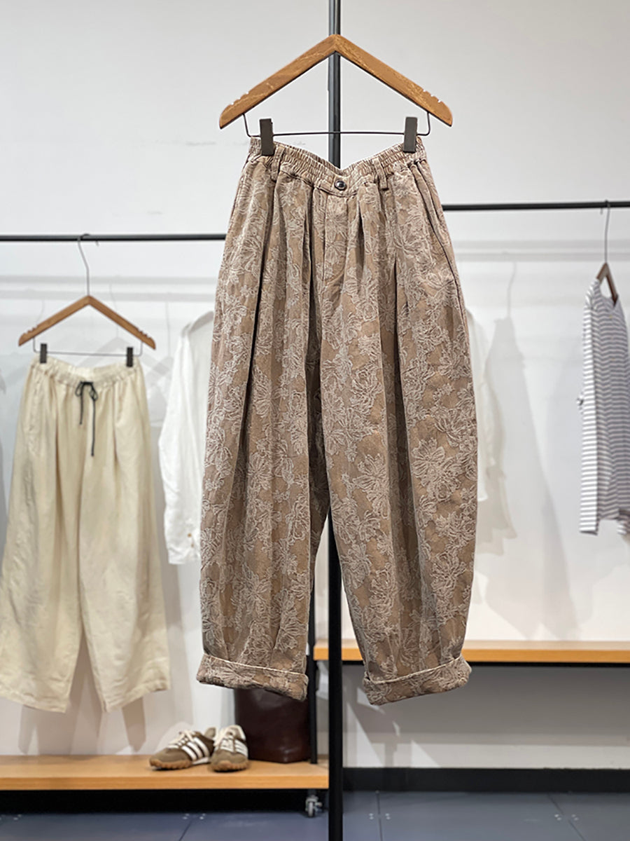 Pantaloni larghi da donna in jacquard con fiori vintage