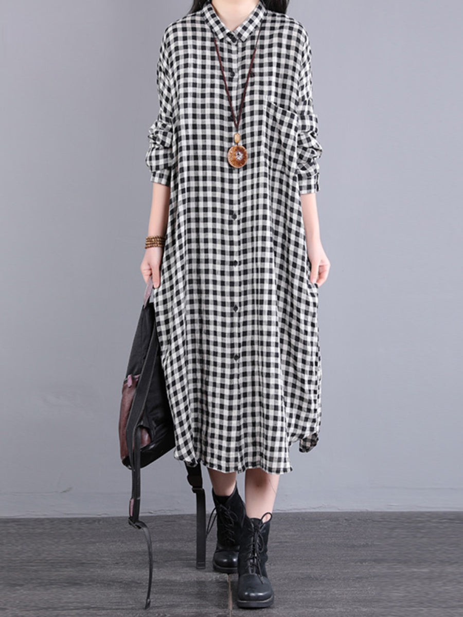 Abito cardigan in lino largo con tasca a quadri casual da donna