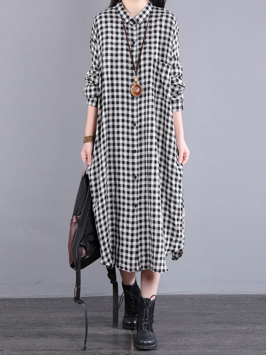 Abito cardigan in lino largo con tasca a quadri casual da donna