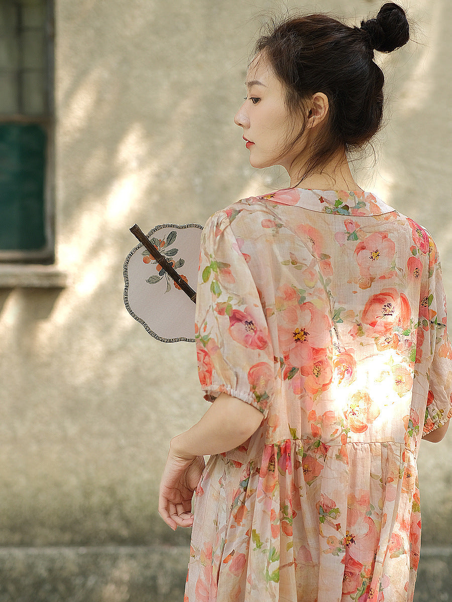 Vestito da donna vintage estivo con bottoni floreali e ampio in ramiè