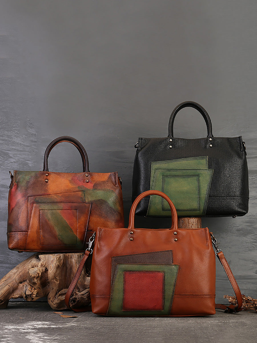 Borsa a mano con tracolla in pelle patchwork da donna, capacità grande