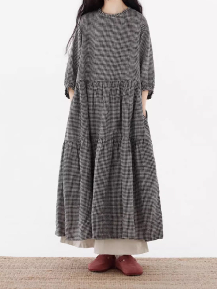 Women Artsy Plaid Spliced 100%Cotton Tiered Dress