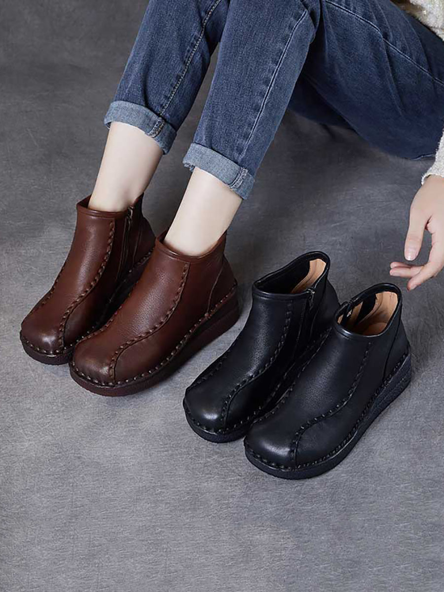 Bottes mi-talons rétro en cuir souple avec doublure polaire pour femmes 