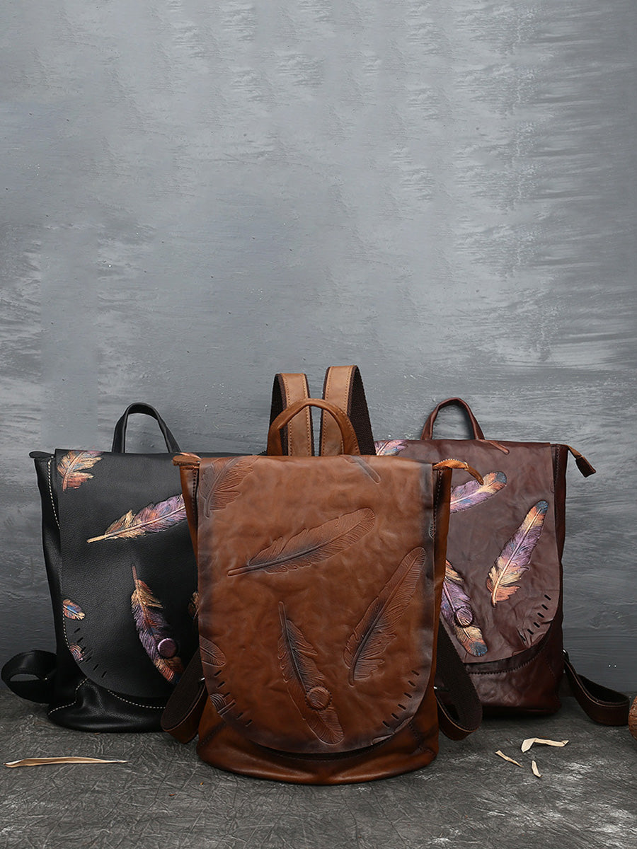 Zaino da donna in pelle vintage con stampa a piume