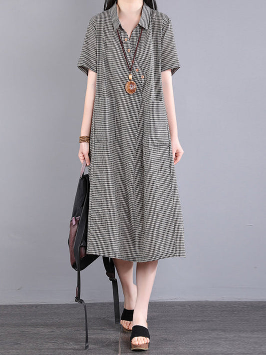 Women Casual Plaid Slant Closure Button Loose Dress