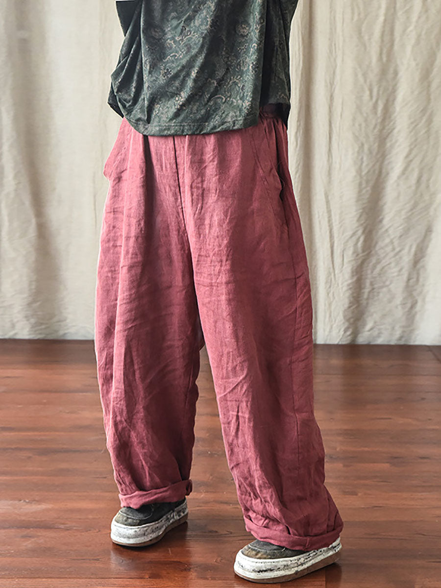 Pantalon en lin décontracté pour femme, couleur unie, ample, taille élastique