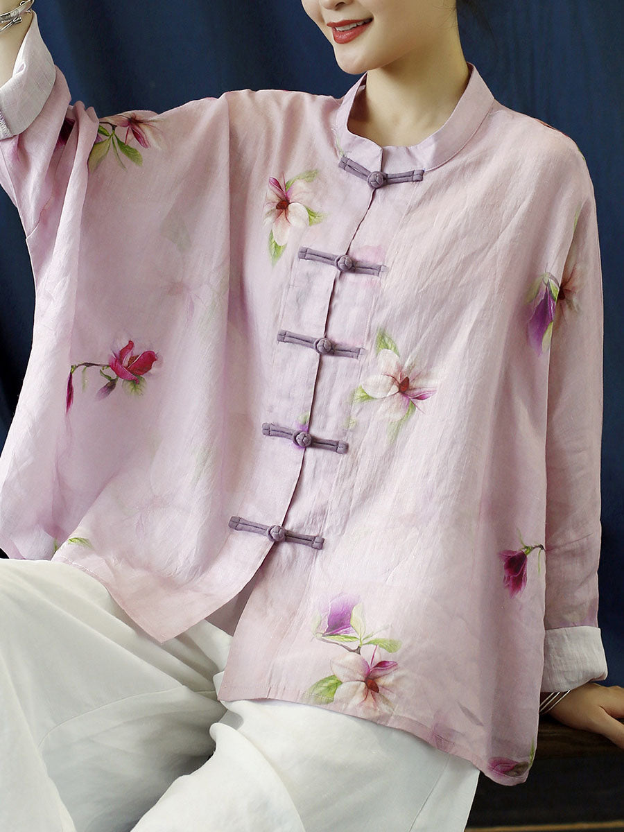 Cappotto camicia vintage da donna con fiori rosa primaverili in ramiè