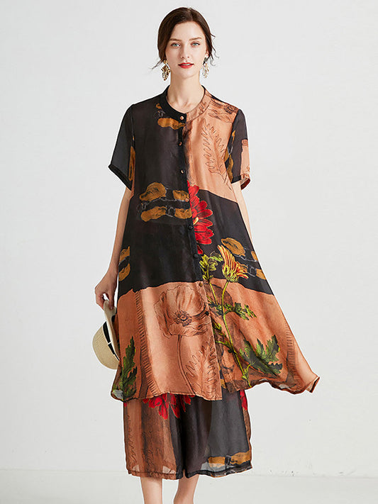 Camicia lunga con fiori artistici e pantaloni da donna