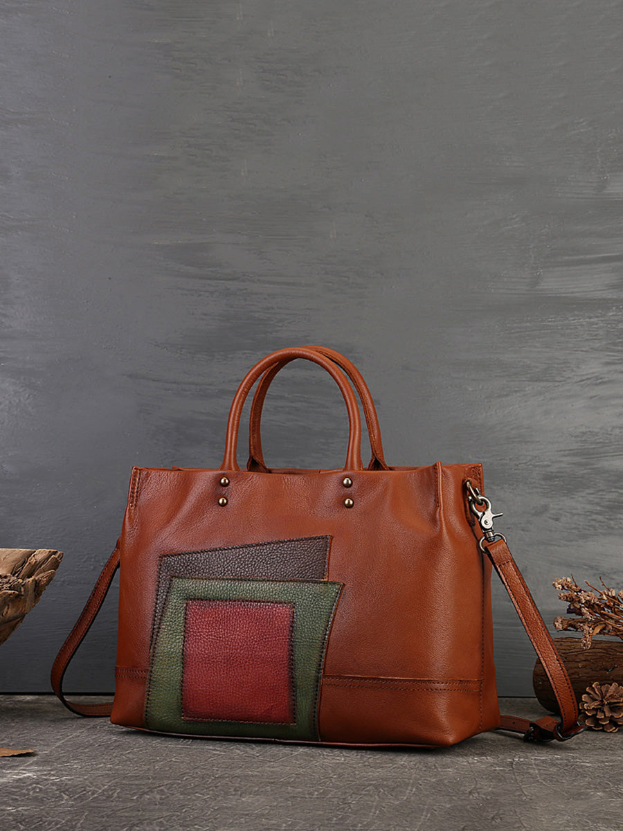Borsa a mano con tracolla in pelle patchwork da donna, capacità grande