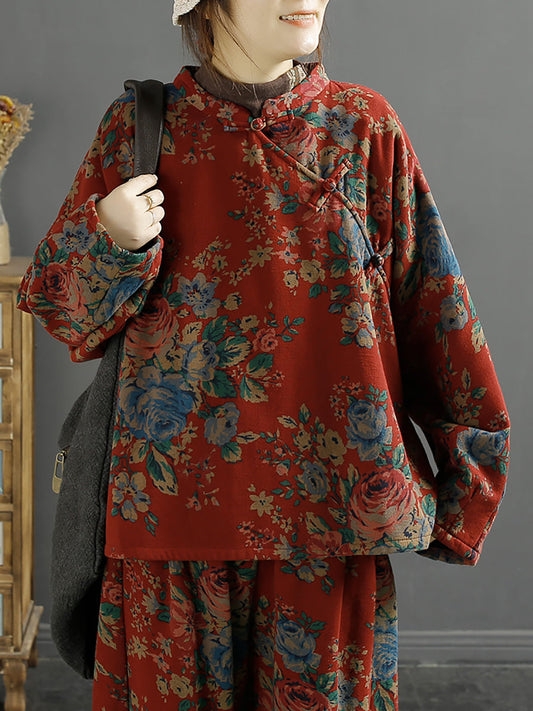 Camicia obliqua larga con fiori etnici da donna