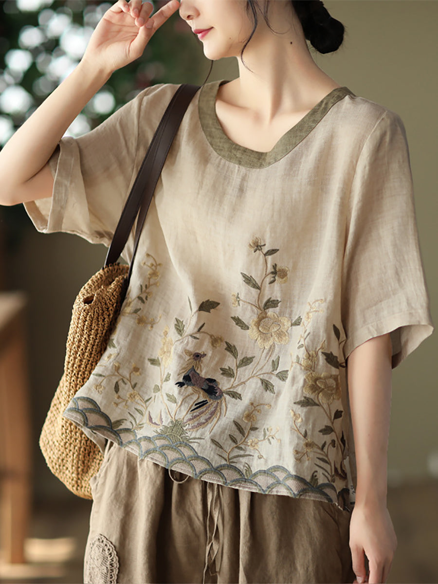 T-shirt décontracté à broderies en ramie pour femme