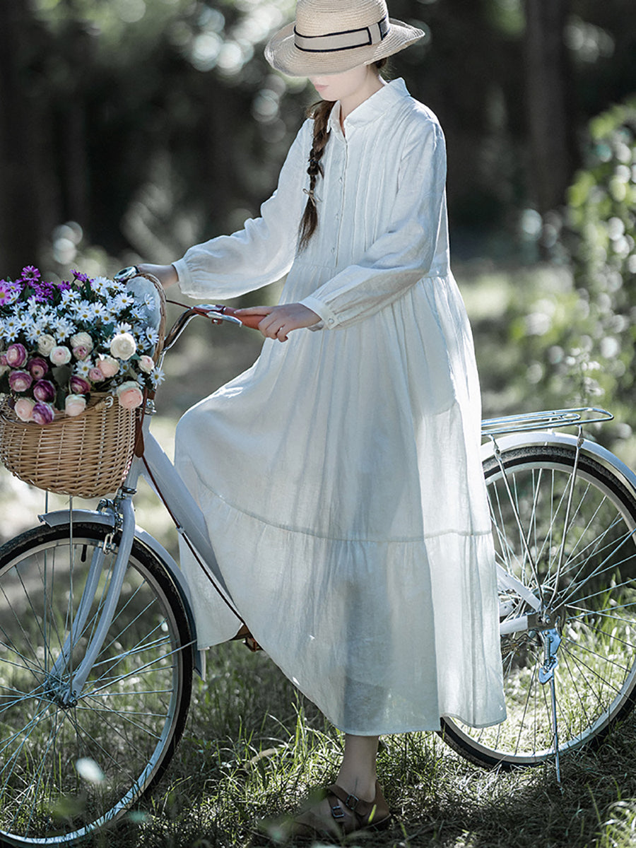 Women 100%Linen Shirred Solid Spring Dress