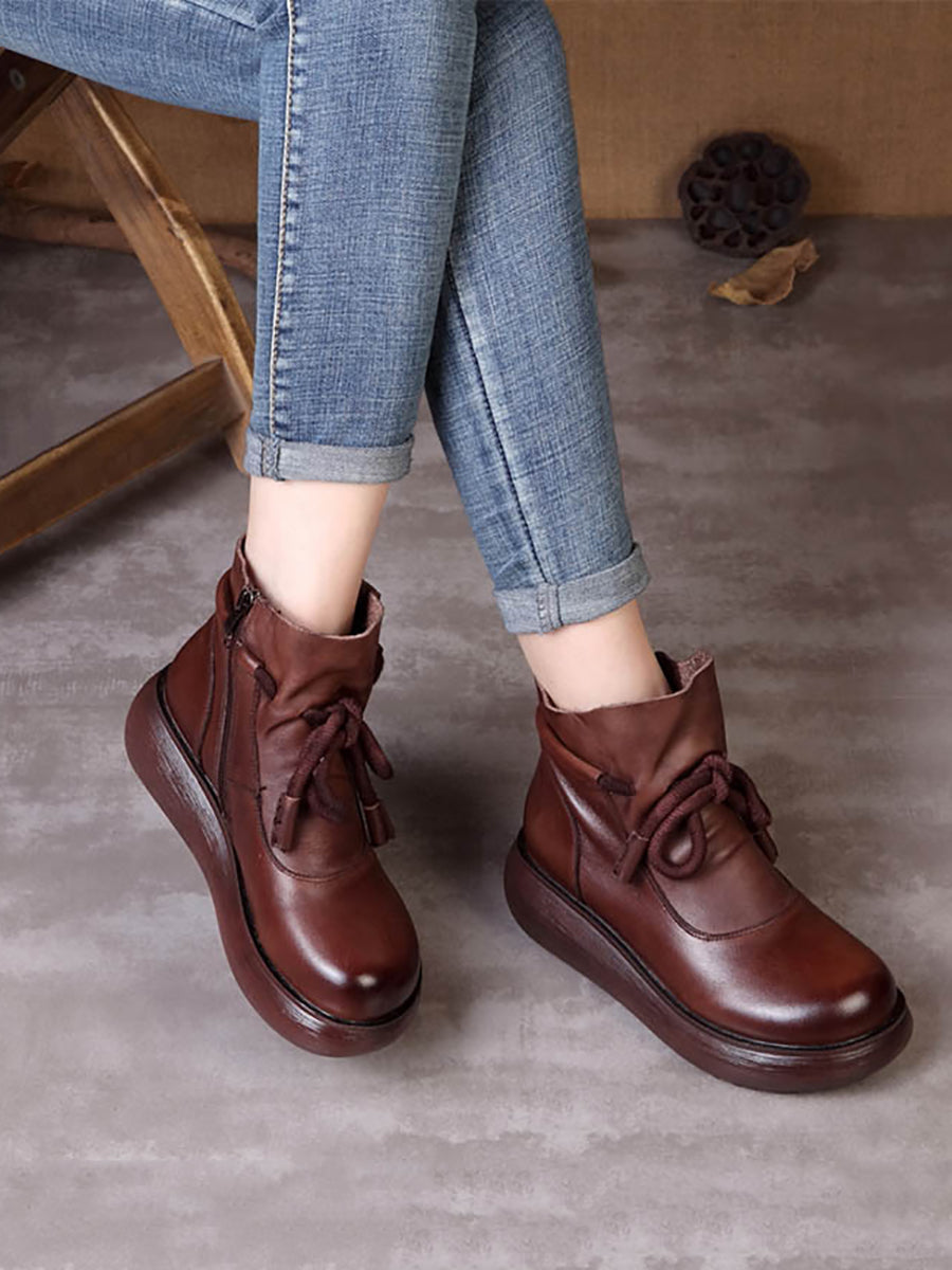 Stivali da donna vintage invernali in pelle con plateau