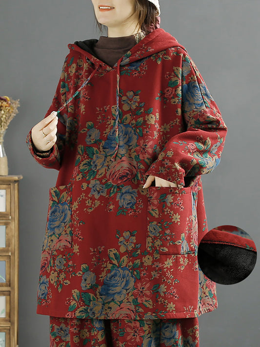 Maglietta calda con cappuccio autunnale floreale vintage da donna