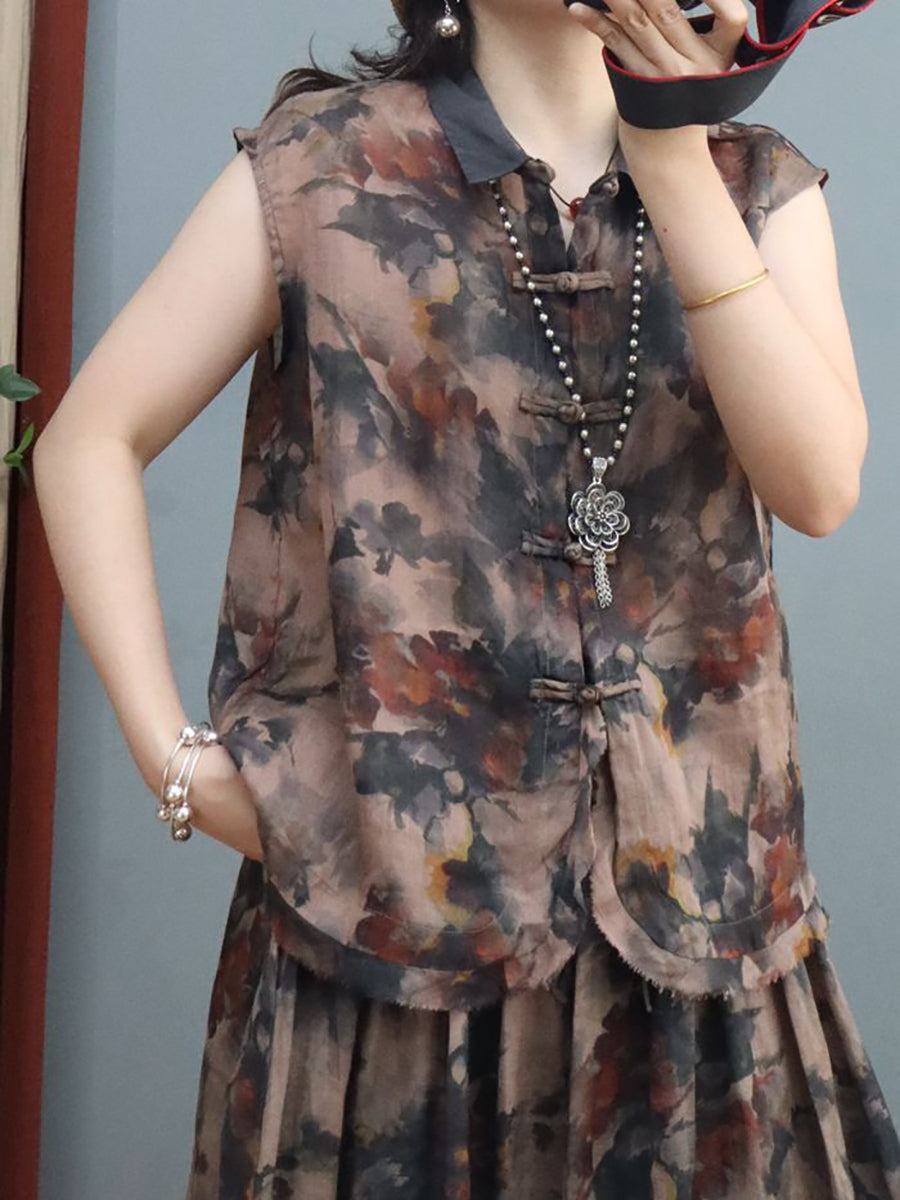 Chemise/jupe d'été en lin à imprimé grenouille et fleurs de style chinois pour femmes