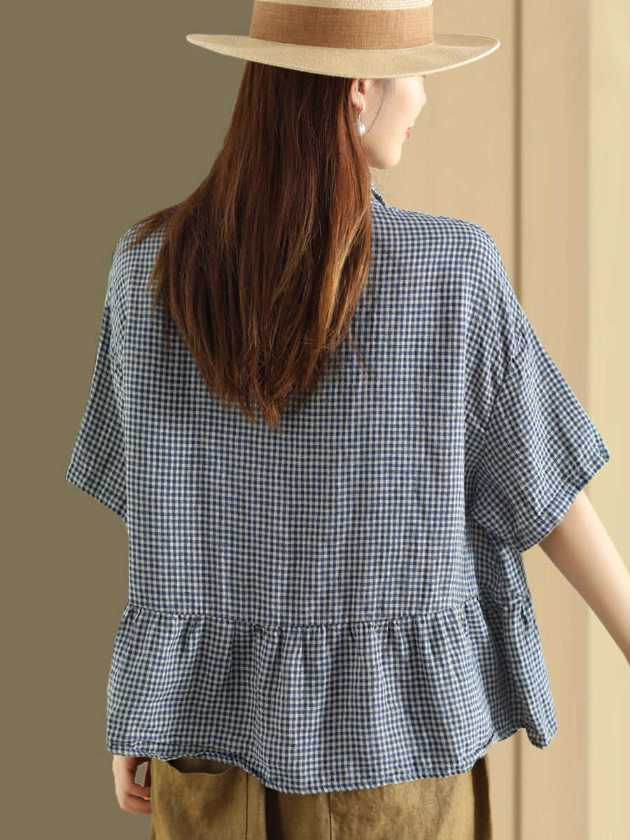 Cardigan estivo casual a quadri con bottoni in lino da donna