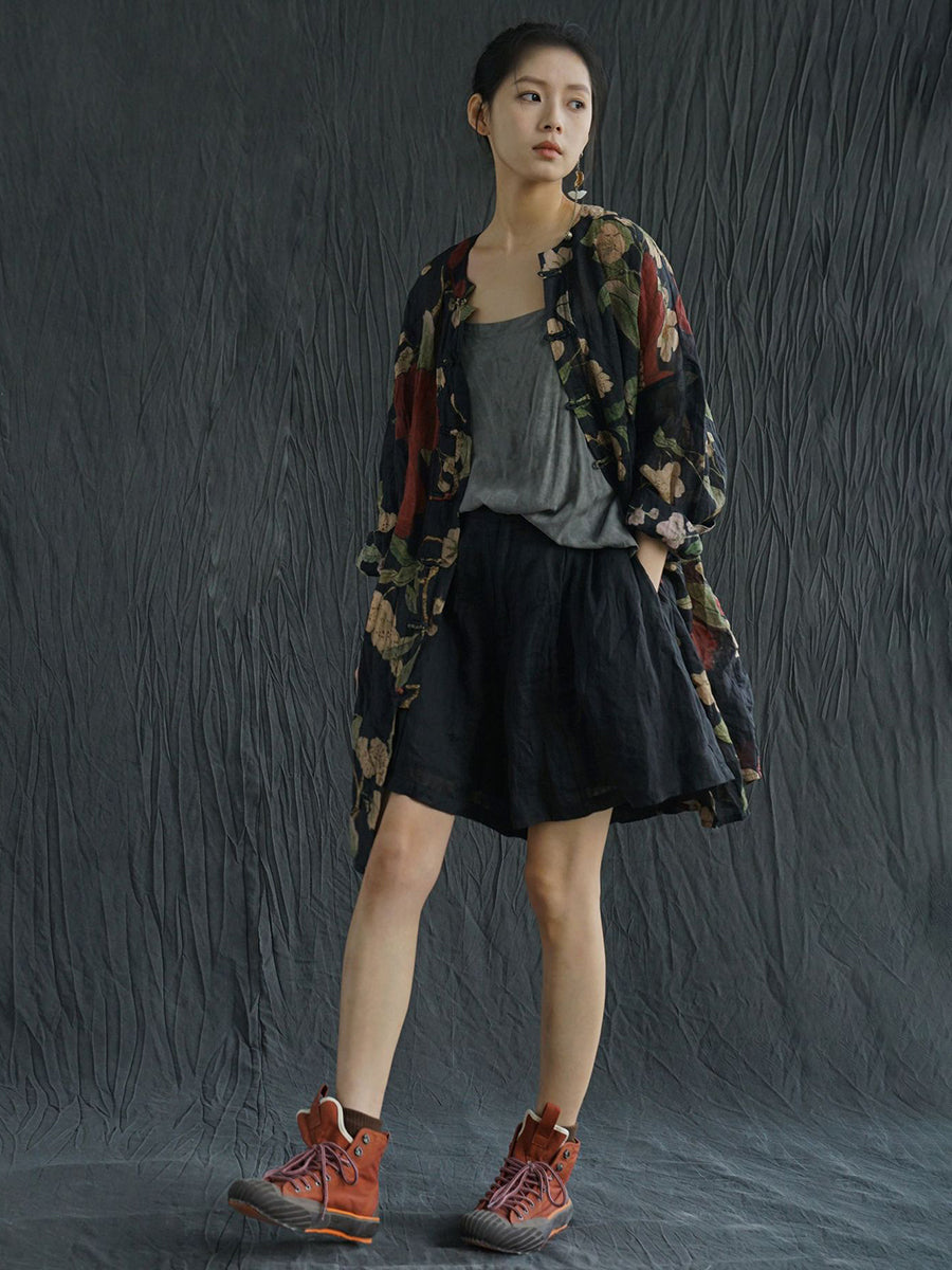 Camicia lunga primaverile con stampa floreale vintage da donna in ramiè
