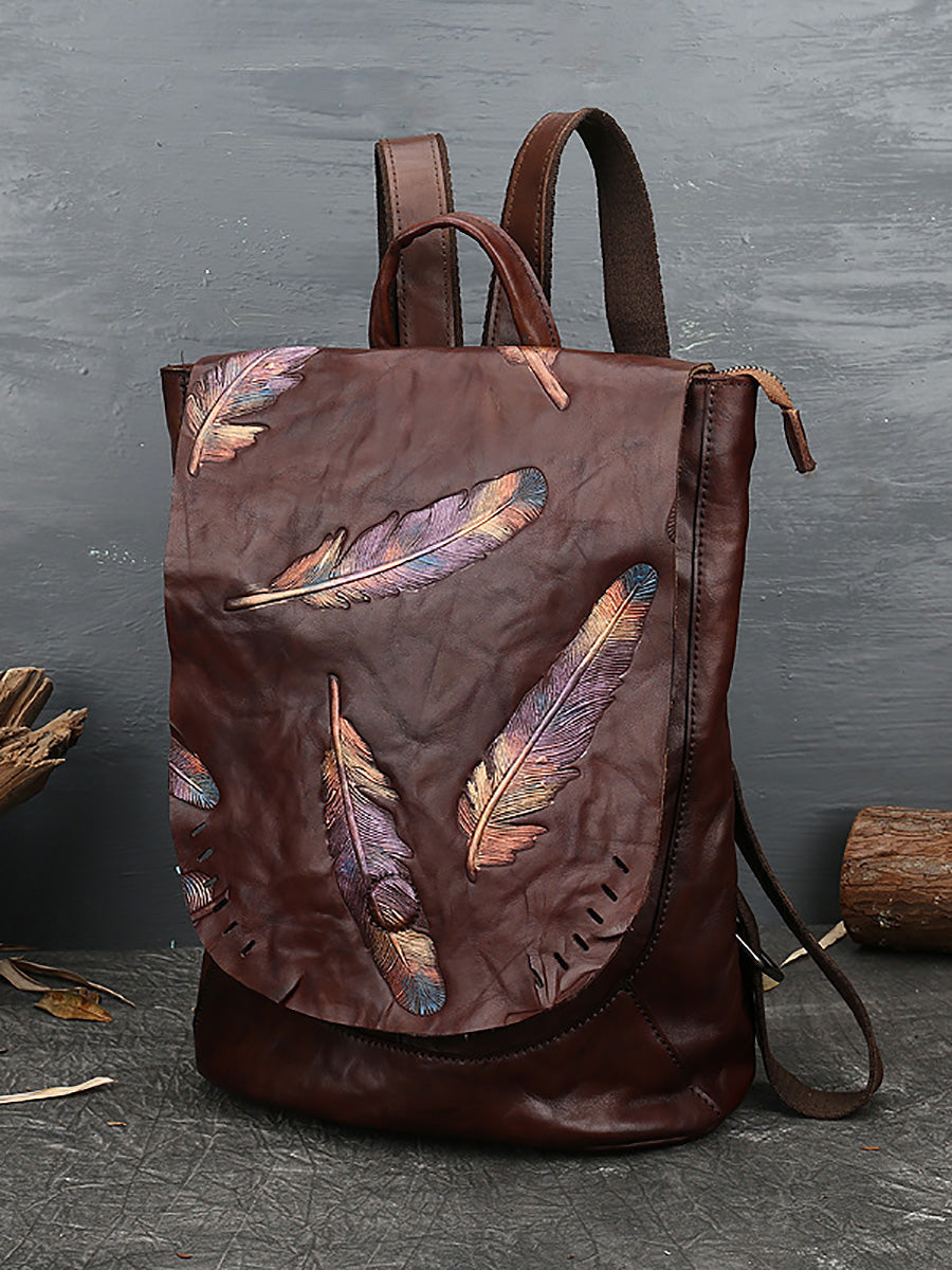 Zaino da donna in pelle vintage con stampa a piume