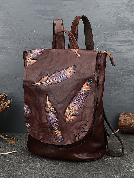 Zaino da donna in pelle vintage con stampa a piume