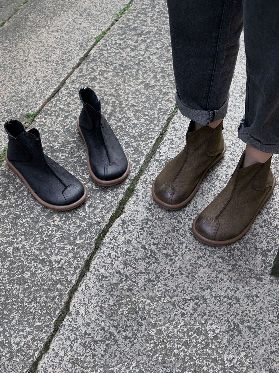 Women Vintage Genuine Leather Spliced Flat Ankle Boots