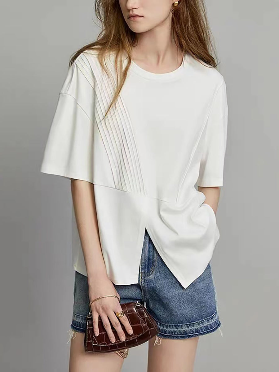 Camicia estiva casual da donna con orlo diviso e pieghe unite