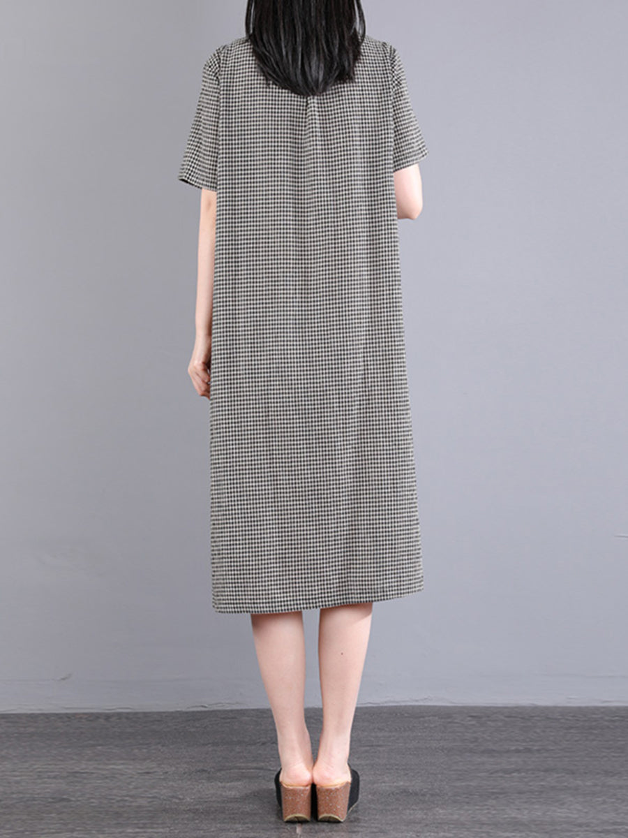 Women Casual Plaid Slant Closure Button Loose Dress