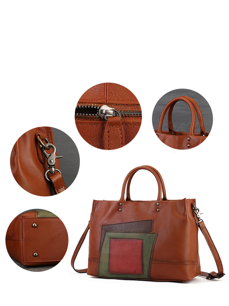 Borsa a mano con tracolla in pelle patchwork da donna, capacità grande