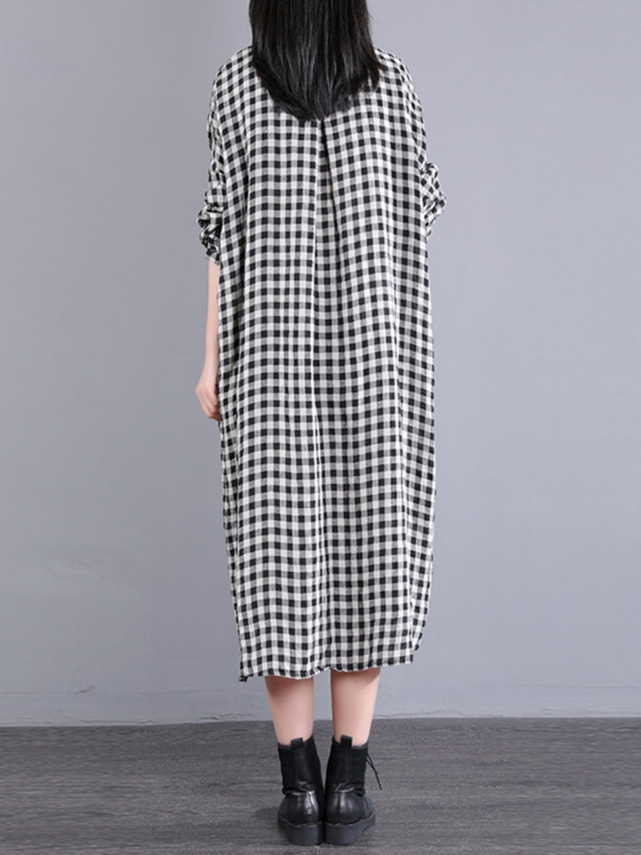 Abito cardigan in lino largo con tasca a quadri casual da donna