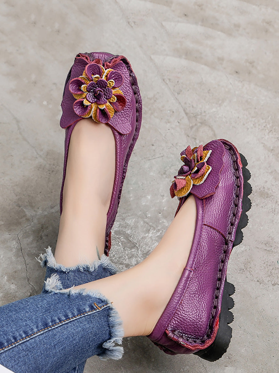 Scarpe estive vintage da donna in pelle con fiori intrecciati