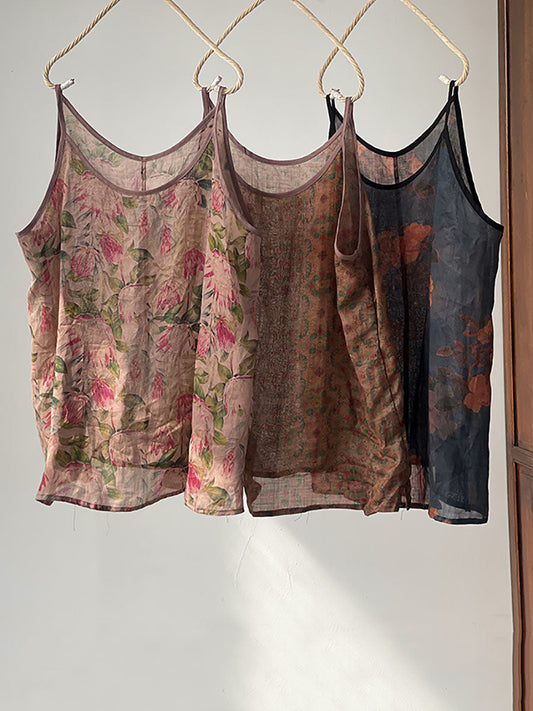 Gilet sottile estivo vintage da donna con fiori di ramiè