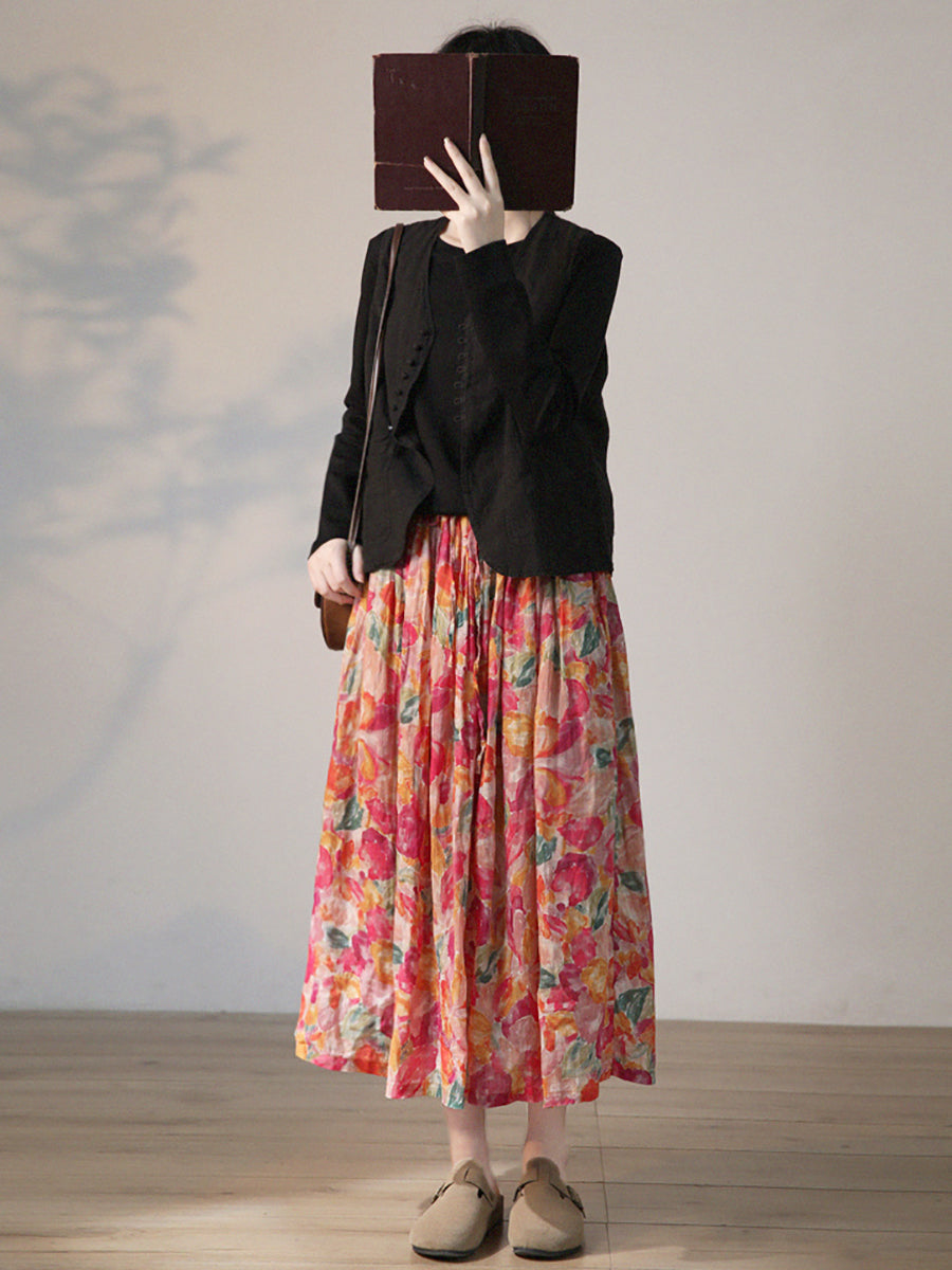 Gonna estiva da donna con coulisse in ramiè con fiori artistici