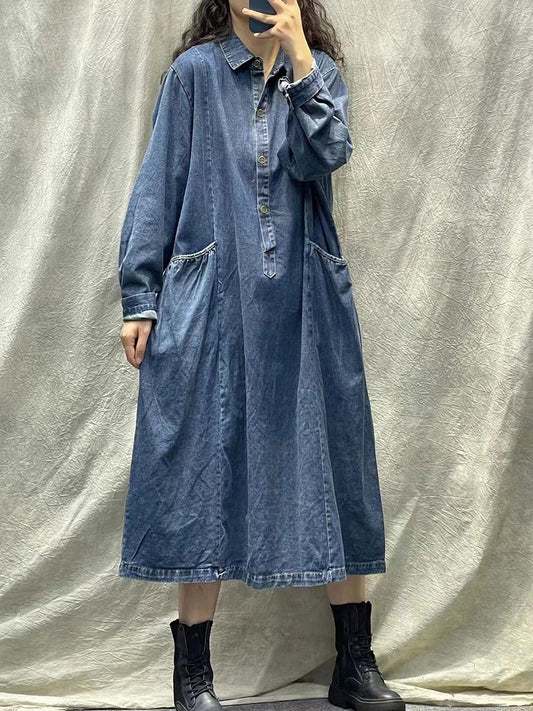 Vestito in denim largo con bottoni tascabili retrò primaverile da donna