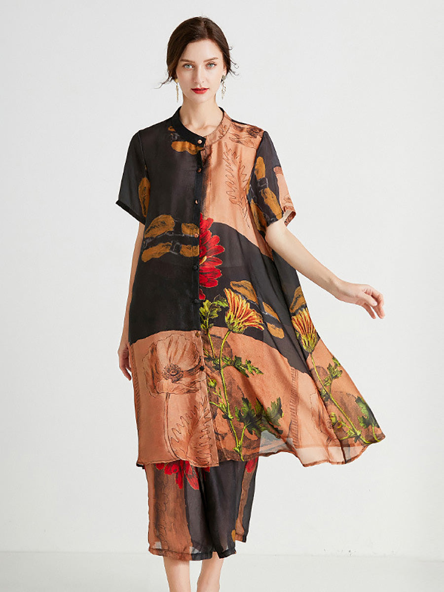 Camicia lunga con fiori artistici e pantaloni da donna