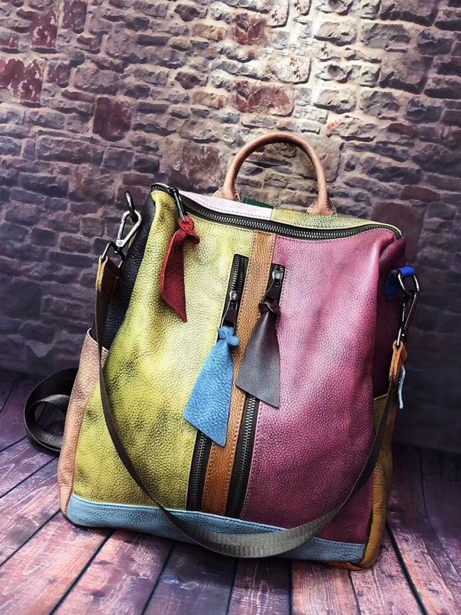 Zaino con cerniera in pelle multicolore da donna