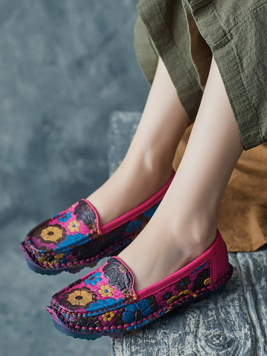 Scarpe piatte morbide in pelle con fiori estivi da donna