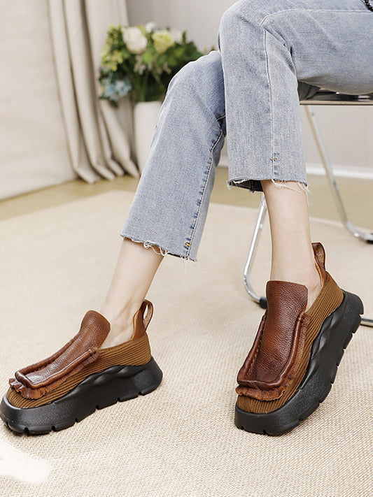 Women Retro Genuine Leather Spliced Platform Shoes