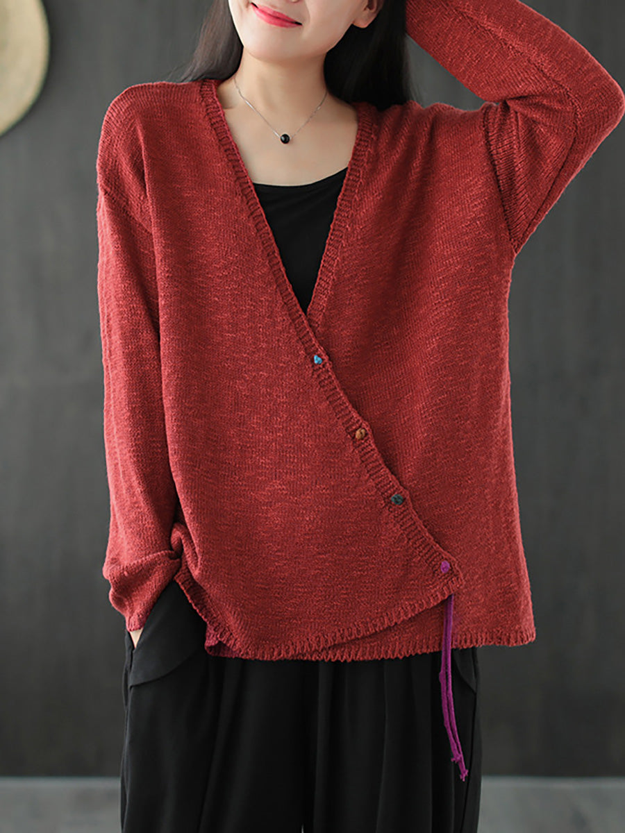 Women Knitted Retro Pure Color Vneck Sweater Coat