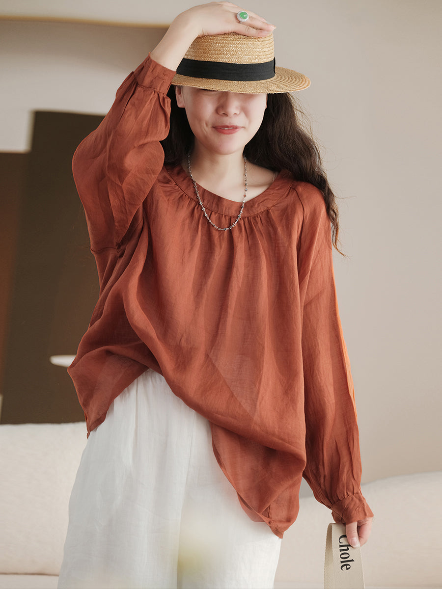 Camicia vintage estiva a maniche lunghe in ramiè da donna