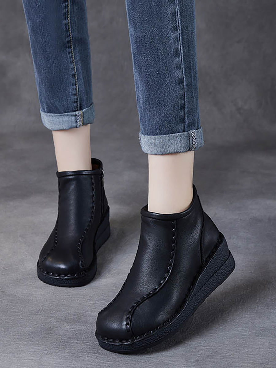 Bottes mi-talons rétro en cuir souple avec doublure polaire pour femmes 