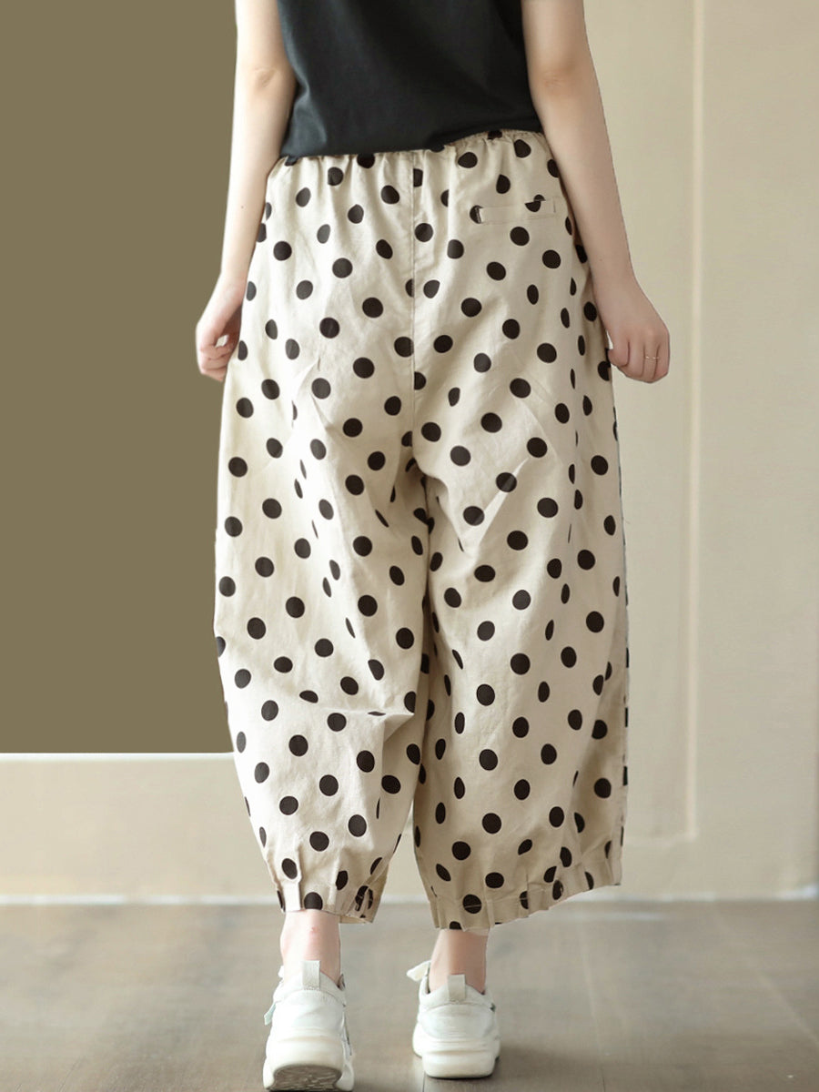 Pantaloni da donna vintage in lino con coulisse e pois a gamba larga
