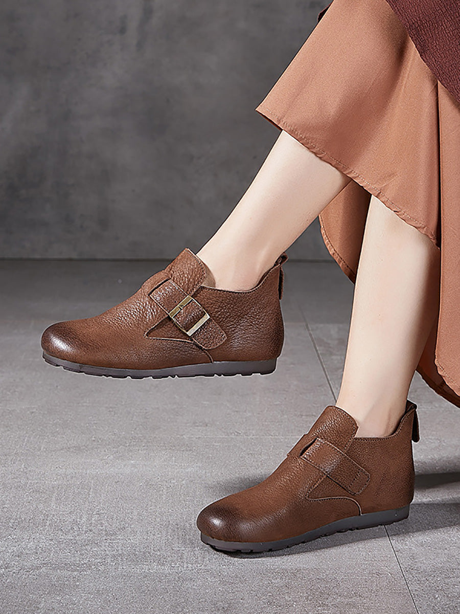 Women Vintage Soft Genuine Leather Buckle Flat Shoes