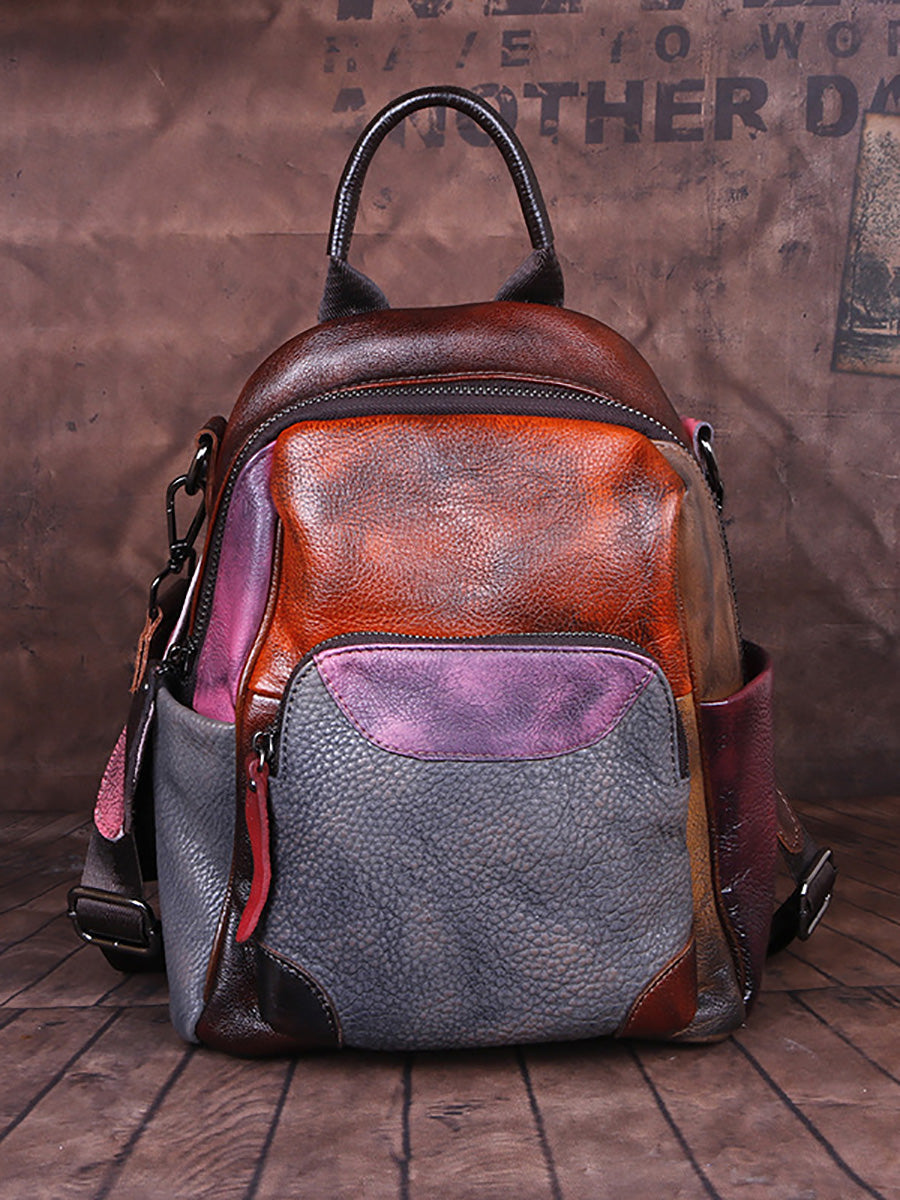 Zaino da esterno in pelle dipinto a mano colorblock da donna