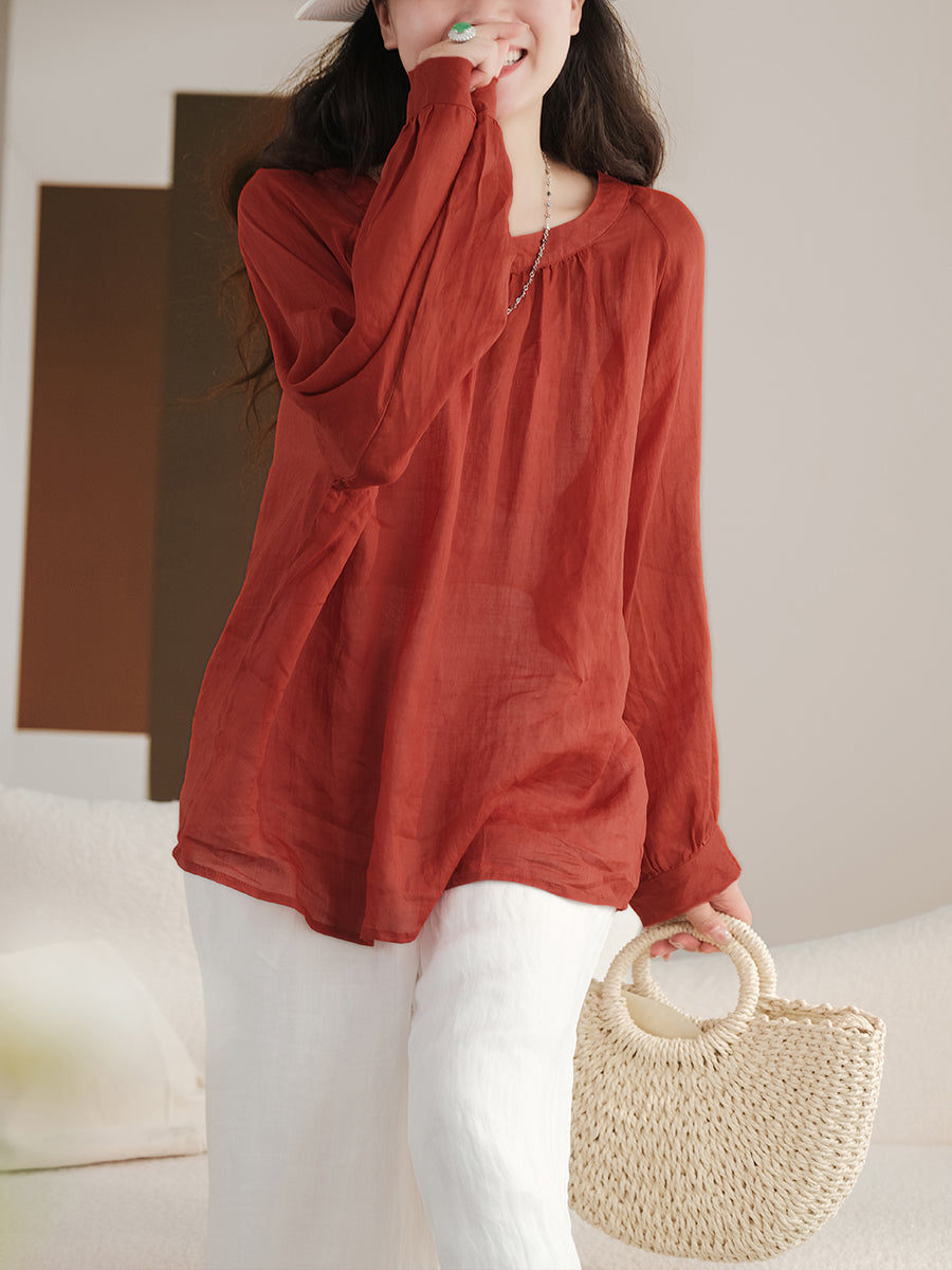 Camicia vintage estiva a maniche lunghe in ramiè da donna