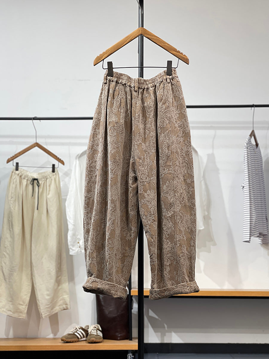 Pantaloni larghi da donna in jacquard con fiori vintage