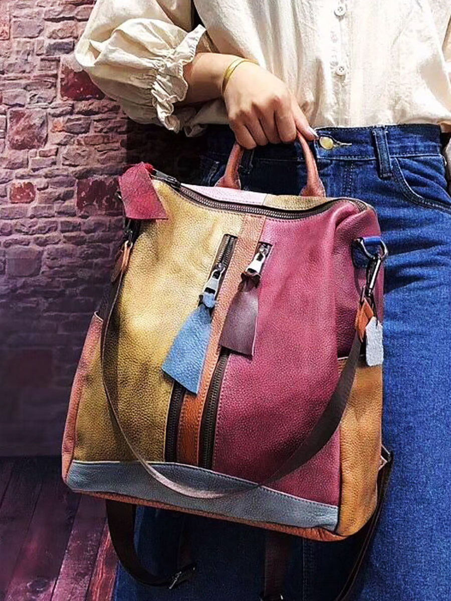 Zaino con cerniera in pelle multicolore da donna