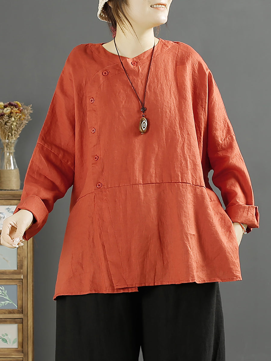 Camicia da donna in lino con chiusura inclinata vintage e tinta unita