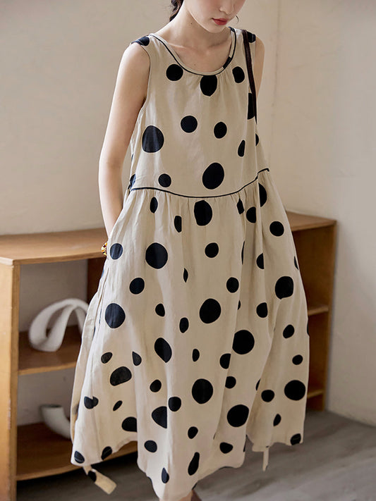 Vestito estivo casual da donna con coulisse in lino e pois